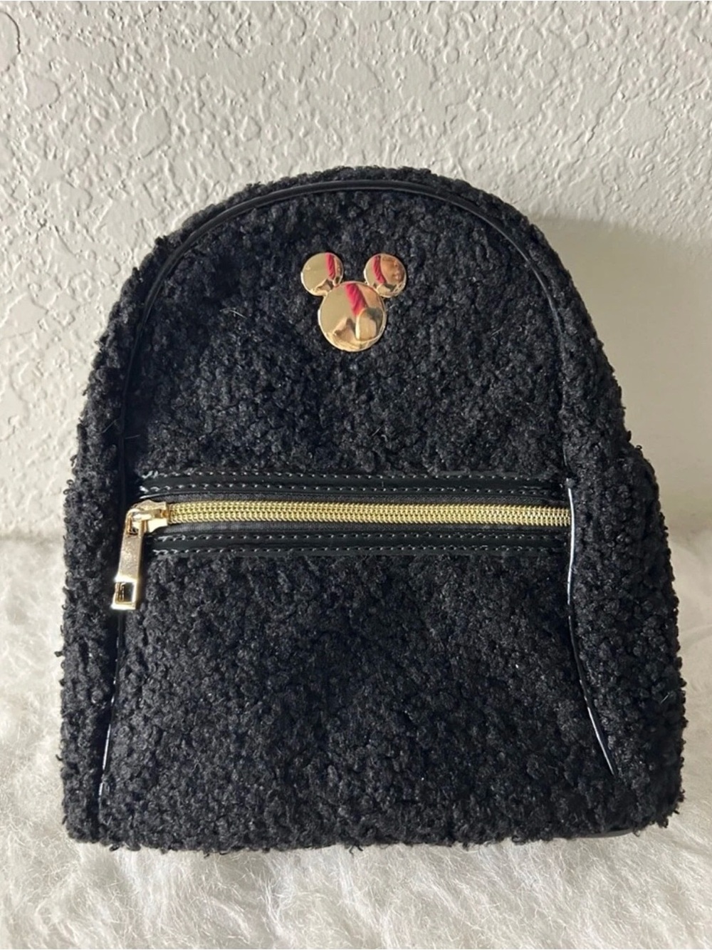 Disney Black Sherpa Mini Backpack with Gold Mickey Emblem